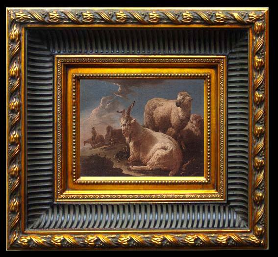 framed  unknow artist An evening landscape with goat and sheep resting in the foreground,a herdsman beyond, Ta024-2